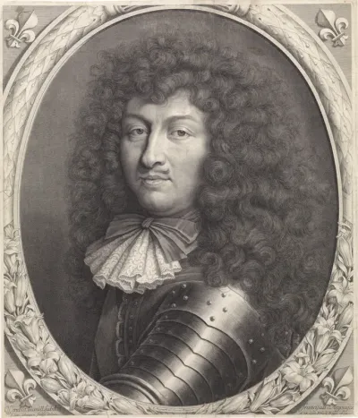 Portret van Lodewijk XIV, koning van Frankrijk, met strik in een ovale omlijsting met lelies