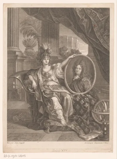 Portret van Lodewijk XIV opgehouden door Minerva