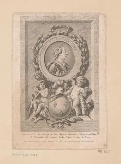 Portret van Lodewijk XV van Frankrijk in een medaillon met twee putti