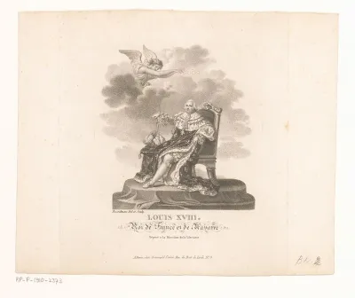 Portret van Lodewijk XVIII, gezeten op zijn troon
