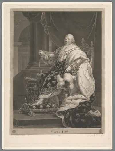 Portret van Lodewijk XVIII van Frankrijk op zijn troon