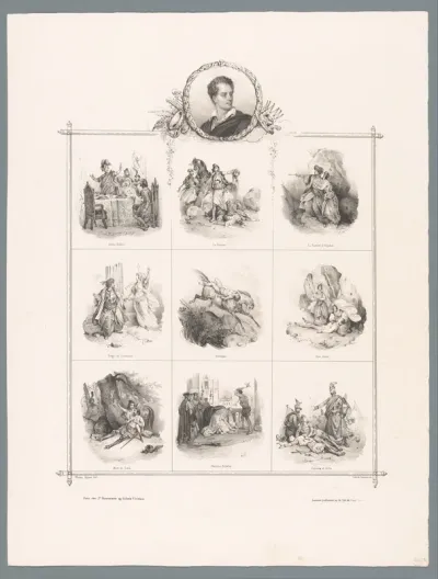 Portret van Lord Byron en negen voorstellingen uit zijn gedichten
