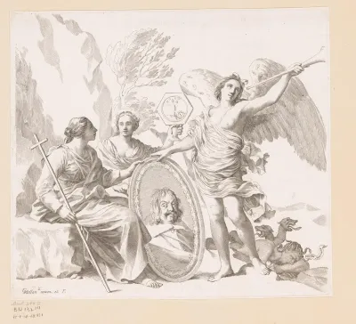 Portret van Louis-Emmanuel de Valois vastgehouden door Faam, Geloof en Trouw