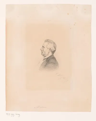 Portret van Louis-Joseph Alvin, hoofdconservator van de Koninklijke Bibliotheek van België, en profil