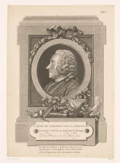 Portret van Louis-René de Caradeuc de La Chalotais in ovalen lijst met weegschaal en wierook