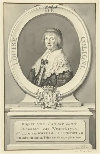 Portret van Louise de Coligny, in ovaal cartouche, naar links