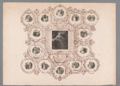 Portret van Louise Marie van Orléans met ornamentele omlijsting met diverse voorstellingen