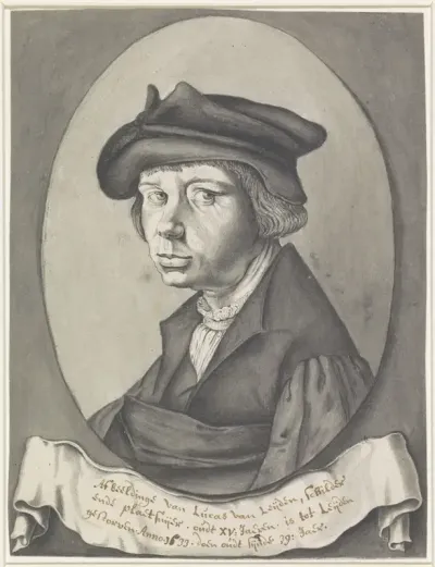 Portret van Lucas van Leyden, in ovaal naar links