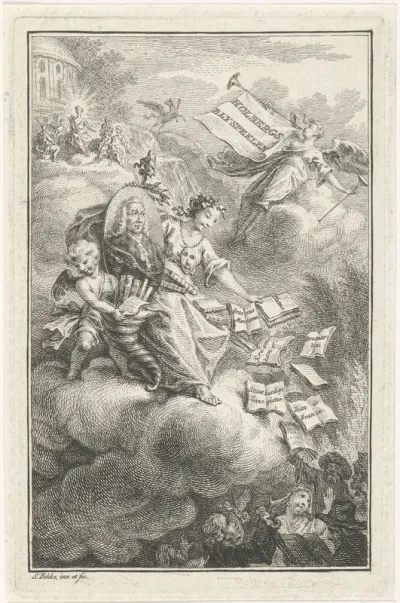 Portret van Ludvig Holberg geflankeerd door Thalia en een engel