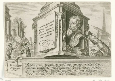 Portret van Maarten van Heemskerck op de sokkel van een zuil