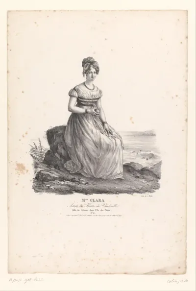 Portret van mademoiselle Clara-Stéphany als Célanie in de vaudeville L'Île des Noirs