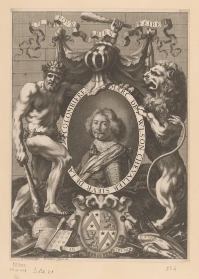 Portret van Marc de Vulson, geflankeerd door wildeman en een leeuw