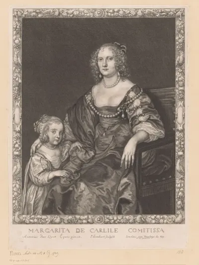 Portret van Margaretha, gravin van Manchester en haar dochter in een versierde lijst