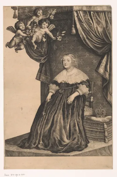 Portret van Maria de' Medici zittend op troon