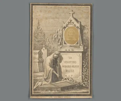 Portret van Maria Elisabeth Snoek op een grafzerk met rouwende vrouw, op bidprent