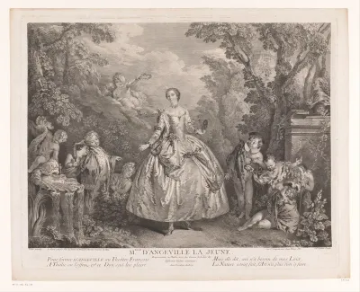 Portret van Marie-Anne Botot Dangeville in een tuin met kinderen
