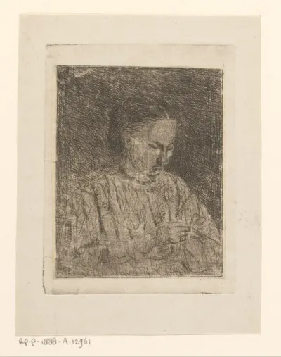 Portret van Marie de Braekeleer met haar breiwerk
