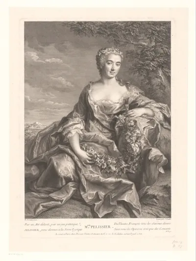 Portret van Marie Pélissier met bloemenkrans