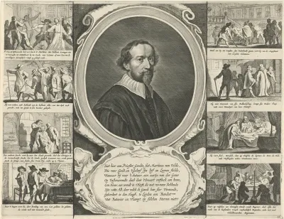 Portret van Martinus van Velden omringd door scènes uit zijn leven