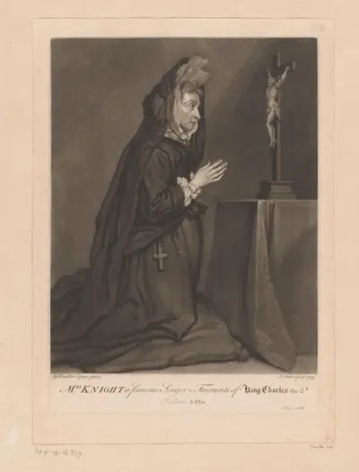 Portret van Mary Knight geknield voor een crucifix