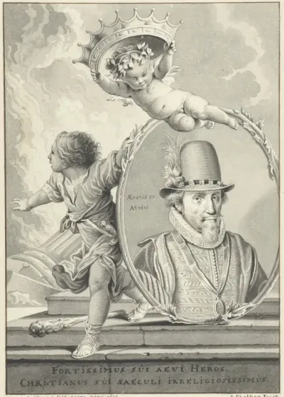 Portret van Maurits, prins van Oranje-Nassau, met daarboven een putto