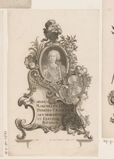 Portret van Maximiliaan III Jozef van Beieren in allegorische omlijsting