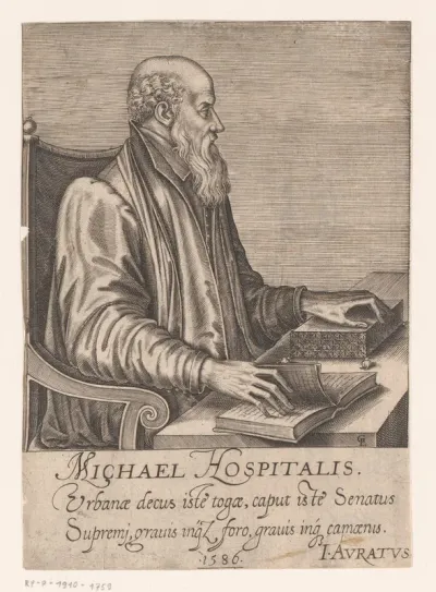 Portret van Michel de l'Hospital aan zijn bureau