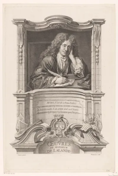 Portret van Michel-Richard Delalande in een architecturale lijst met muziekinstrumenten