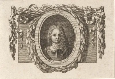 Portret van mogelijk Pierre Bayle, omringd met een lauwerkrans