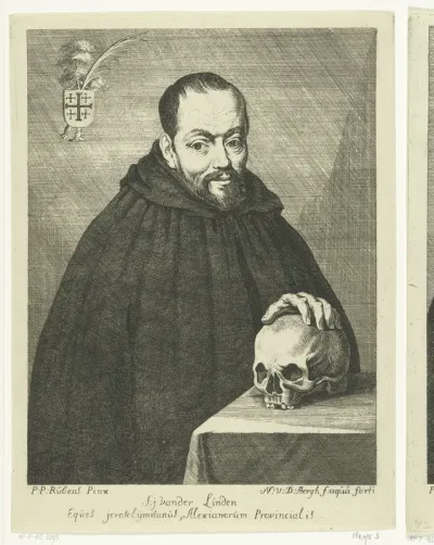 Portret van monnik F.J. van der Linden met doodshoofd