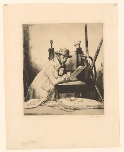 Portret van Muirhead Bone leunend op een etspers