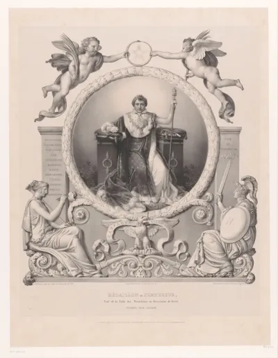 Portret van Napoleon Bonaparte in een medaillon omringd door engelen en allegorische figuren