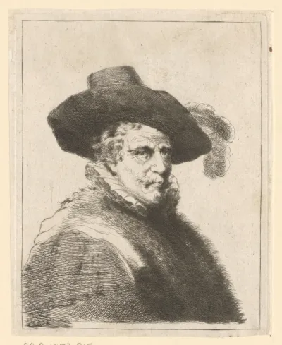 Portret van onbekende man met hoed met veer, plooikraag en jas met bont