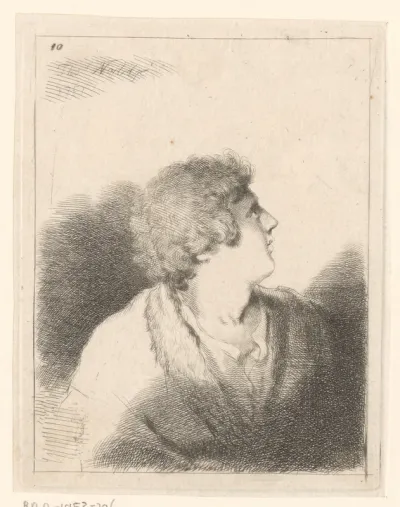 Portret van onbekende man met jas met bont, rechts naar boven kijkend