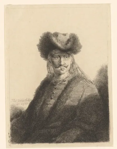 Portret van onbekende man met snor en hoed en jas met bont