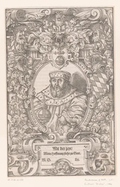 Portret van Ottheinrich von der Pfalz in een rolwerk omlijsting