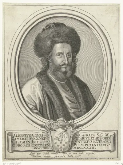 Portret van Ottomaanse graaf Alberto Caprara met bontmuts