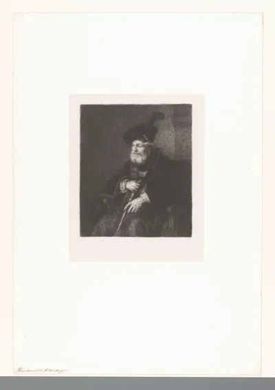 Portret van oude man met baret met pluim en wandelstok
