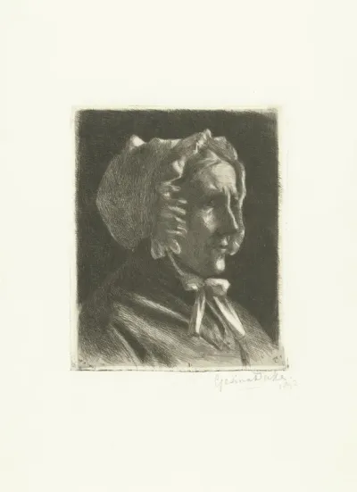 Portret van oude vrouw met muts
