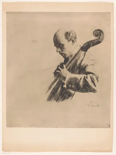 Portret van Pablo Casals terwijl hij cello speelt