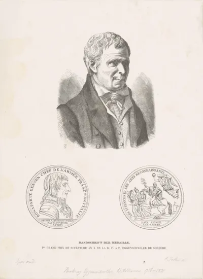 Portret van Pankraz Eggenschwiler en een penning ter gelegenheid van het winnen van de eerste prijs in beeldhouwen