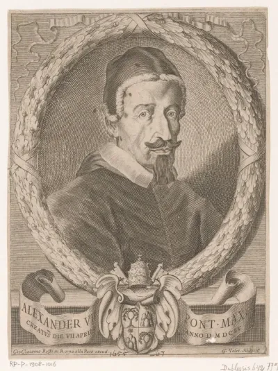 Portret van paus Alexander VII omlijst in een ovale guirlande