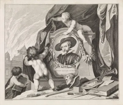 Portret van Peter Paul Rubens in medaillon met putti en kunstenaarsattributen