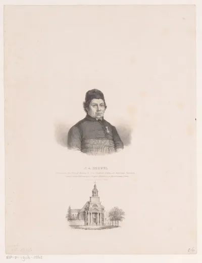 Portret van Petrus Antonius Kervel en de Sint-Petruskerk te Leiden