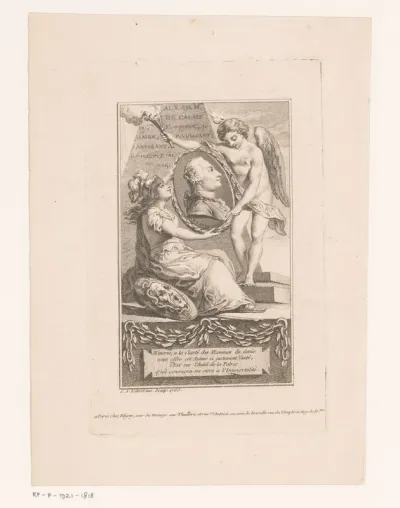 Portret van Pierre-Laurent Buirette de Belloy, gedragen door Minerva en een genie