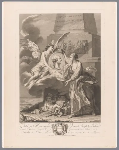 Portret van Pierre-Laurent Buirette de Belloy vastgehouden door een genie op een wolk met rechts de personificatie van de stad Calais