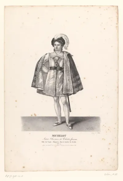 Portret van Pierre Michelot als Comte Almaviva in de komedie Le Barbier de Séville