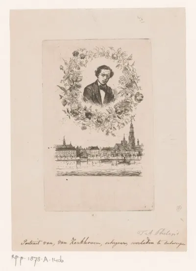 Portret van Pieter Frans van Kerckhoven met daaronder een gezicht op Antwerpen