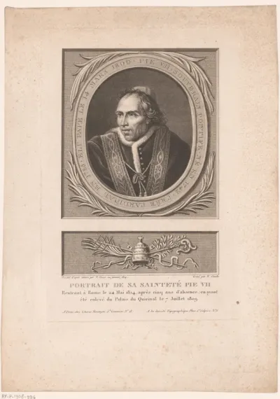 Portret van Pius VII in ovaal met onderaan pauselijk insignia