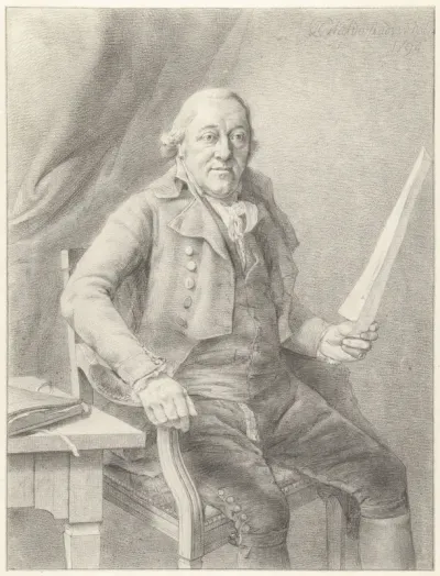 Portret van Reinier Vinkeles I, zittend in een stoel met een blad papier in de hand